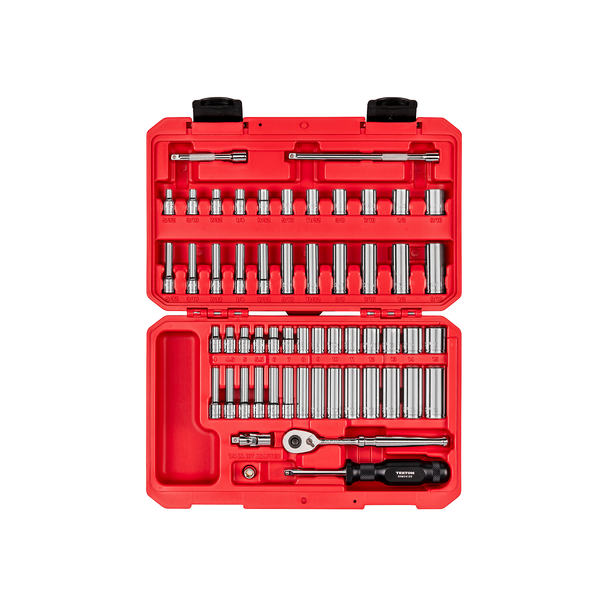 TEKTON 1/4 Inch Drive Shallow and Deep 6-Point Socket and Ratchet Set with Case, 56-Piece (5/32-9/16 in., 4-15 mm) | SKT05303